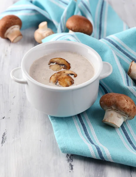 Mushroom soup in white pot — Stock Photo, Image