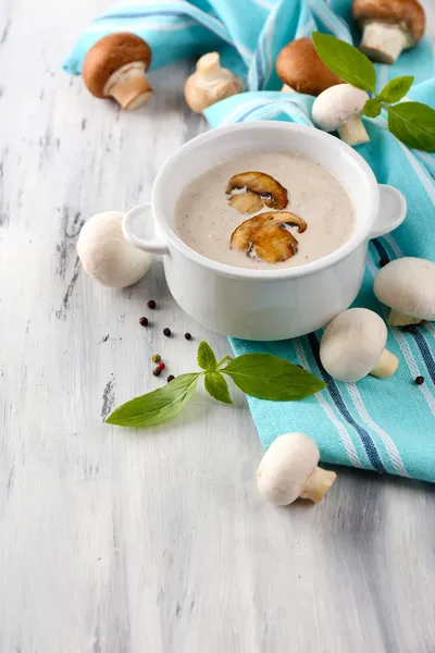 Sopa de champiñones en olla blanca, en servilleta —  Fotos de Stock