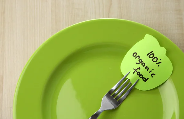 Note paper with message  attached to fork, on plate — Stock Photo, Image