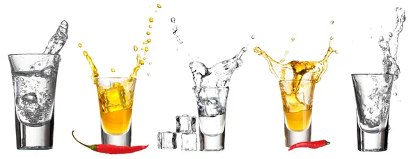 Collage of glasses vodka with splashes — Stock Photo, Image