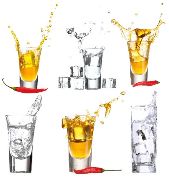 Collage of glasses vodka with splashes — Stock Photo, Image