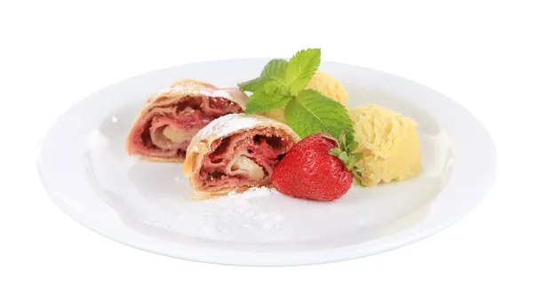 Tasty homemade strudel with ice-cream, fresh strawberry and mint leaves — Stock Photo, Image