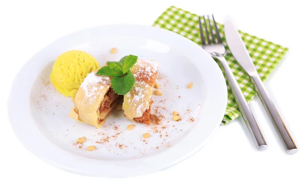 Tasty homemade strudel with mint leaves and ice-cream — Stock Photo, Image