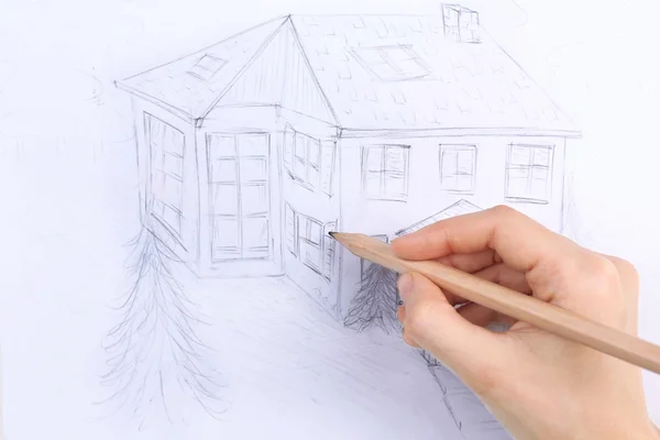 Kids drawing of house on table — Stock Photo, Image