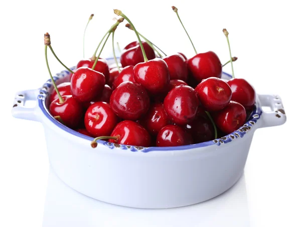 Sweet cherry on color plate isolated on white — Stock Photo, Image