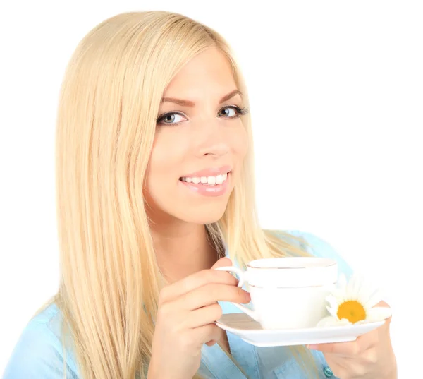 Jeune belle femme avec une tasse de thé — Photo