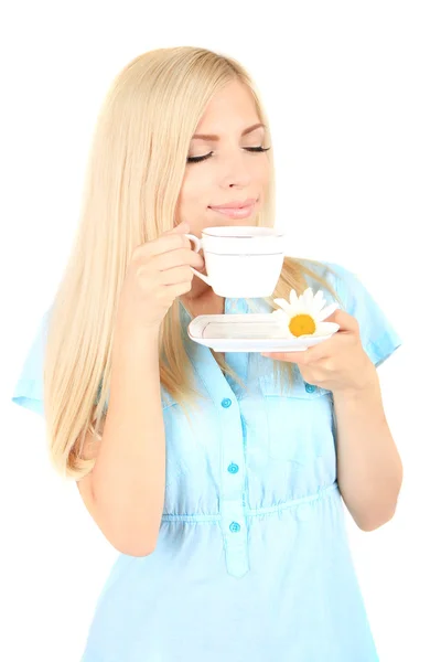 Jovem mulher bonita com xícara de chá — Fotografia de Stock