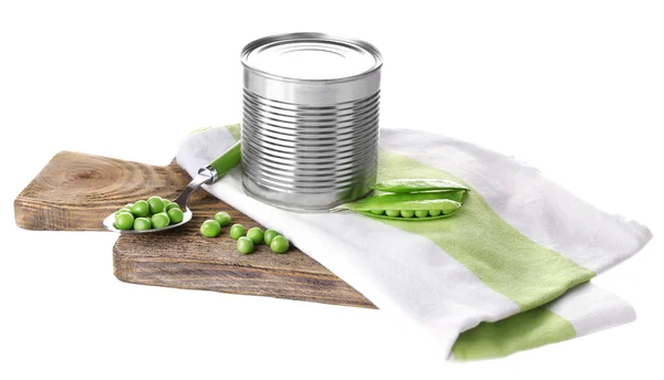 Fresh peas and tin on wooden board, isolated on white — Stock Photo, Image