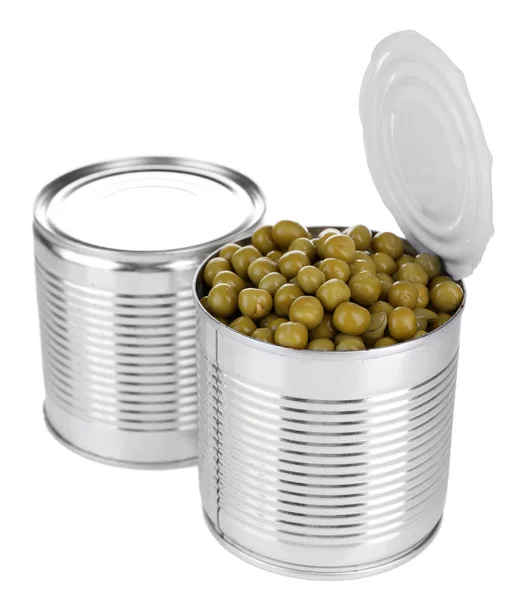 Canned peas in opened tin, isolated on white — Stock Photo, Image