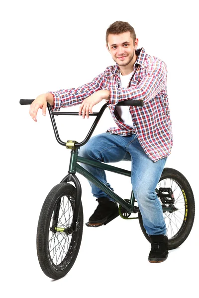 Jovem na bicicleta BMX isolado no branco — Fotografia de Stock