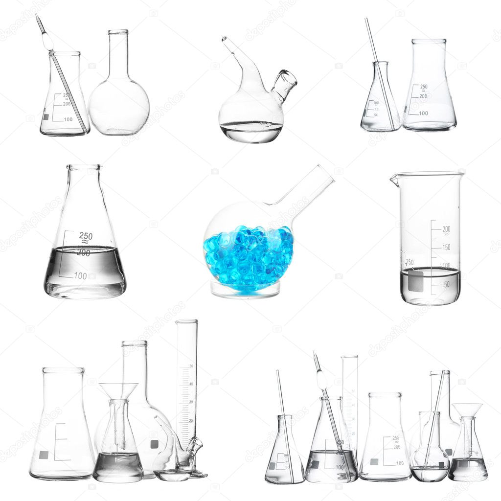 Collage of different laboratory glassware isolated on white