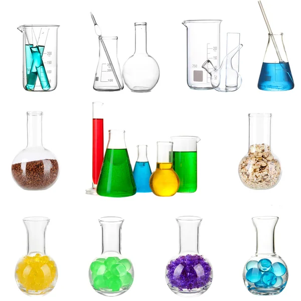 Колаж з різних лабораторних скляних посуду — стокове фото