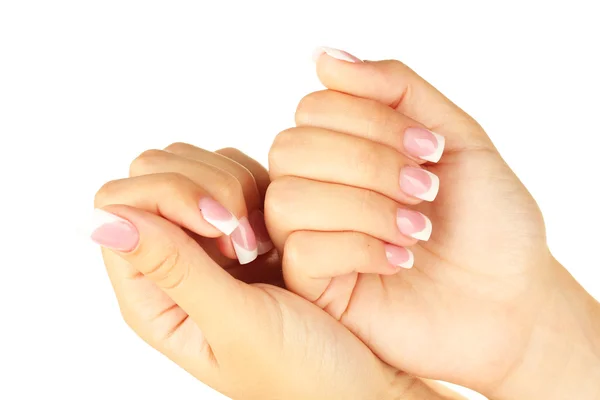 Belle mani di donna con manicure francese — Foto Stock