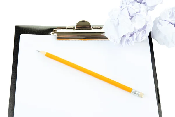 Crumpled paper balls with pencil and clipboard — Stock Photo, Image