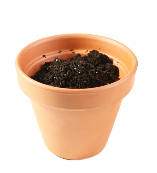 Clay flower pots and soil, isolated on white Stock Photo by ©belchonock