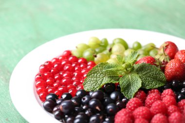 Orman meyveleri tabağa renk ahşap arka plan üzerinde