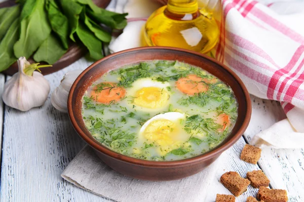 Délicieuse soupe verte avec oseille sur la table — Photo