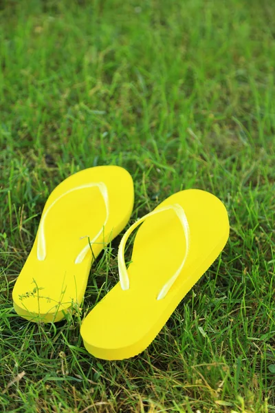 Bright flip-flops on green grass — Stock Photo, Image