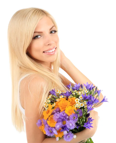 फुलांसह तरुण सुंदर महिला — स्टॉक फोटो, इमेज