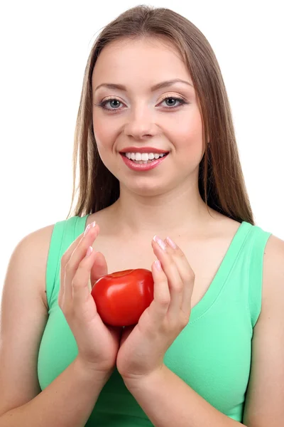 Mooi meisje met tomaat — Stockfoto