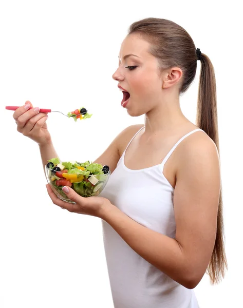 Mooi meisje met verse salade — Stockfoto