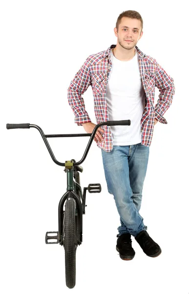 Junge auf BMX-Fahrrad isoliert auf weiß — Stockfoto