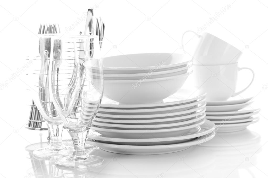 Clean dishes isolated on white  Stock Photo  belchonock 