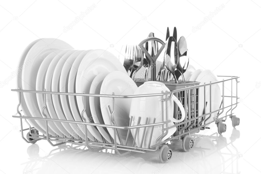 Clean dishes drying on metal dish rack, isolated on white