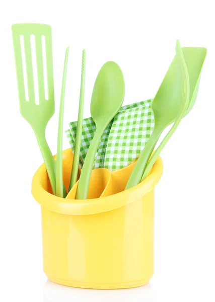 Plastic kitchen utensils in cup — Stock Photo, Image