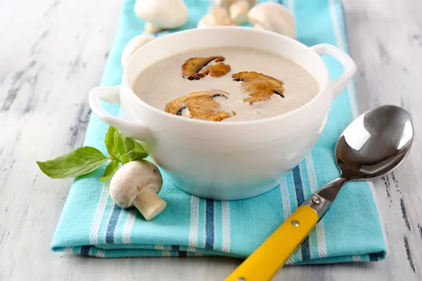 Mushroom soup in white pots — Stock Photo, Image