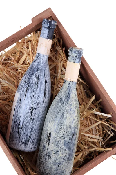 Bottiglie di vino in scatola di legno — Foto Stock