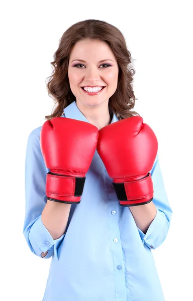 Jeune belle femme d'affaires avec des gants de boxe isolés sur blanc — Photo