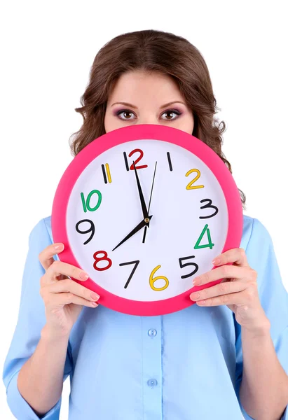 Joven mujer de negocios con reloj aislado en blanco — Foto de Stock