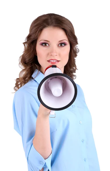 Joven mujer de negocios con megáfono aislado en blanco — Foto de Stock