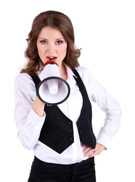 Junge Geschäftsfrau mit Megafon isoliert auf weiß — Stockfoto