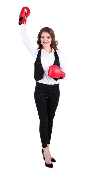 白で隔離されるボクシング グローブを持つ若い美しいビジネス女性 — ストック写真