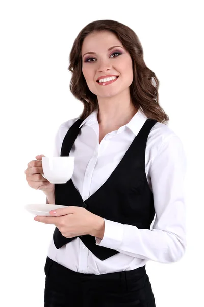 Joven mujer de negocios con copa aislada en blanco — Foto de Stock