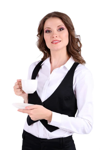 Joven mujer de negocios con copa aislada en blanco —  Fotos de Stock