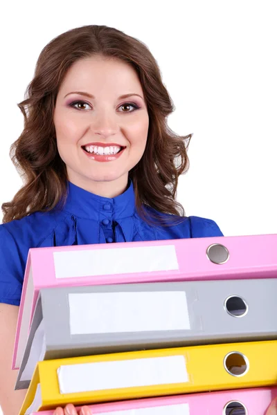 Junge Geschäftsfrau mit Büromappen isoliert auf weiß — Stockfoto