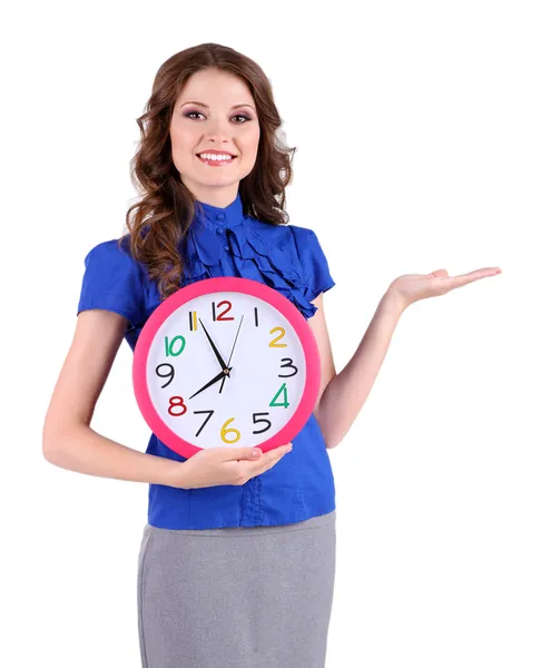 Junge Geschäftsfrau mit Uhr isoliert auf weiß — Stockfoto