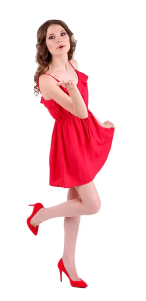 Hermosa joven en vestido rojo aislado en blanco —  Fotos de Stock