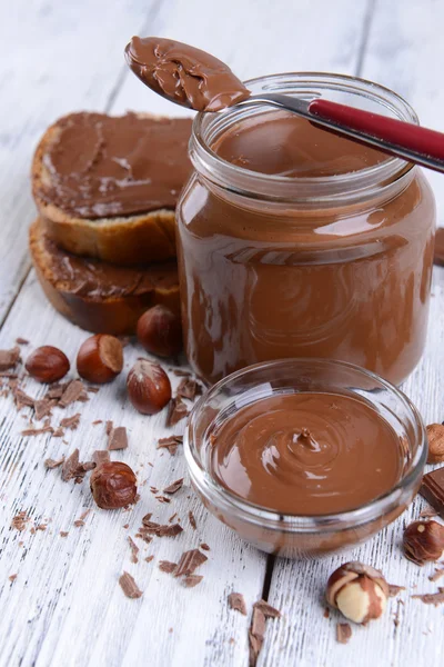 Sweet chocolate cream in jar — Stok Foto