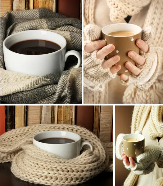 Collage of cup of hot drink in winter time — Stock Photo, Image