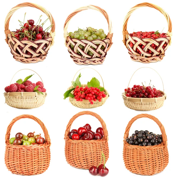 Collage of berries in baskets isolated on white — Stock Photo, Image