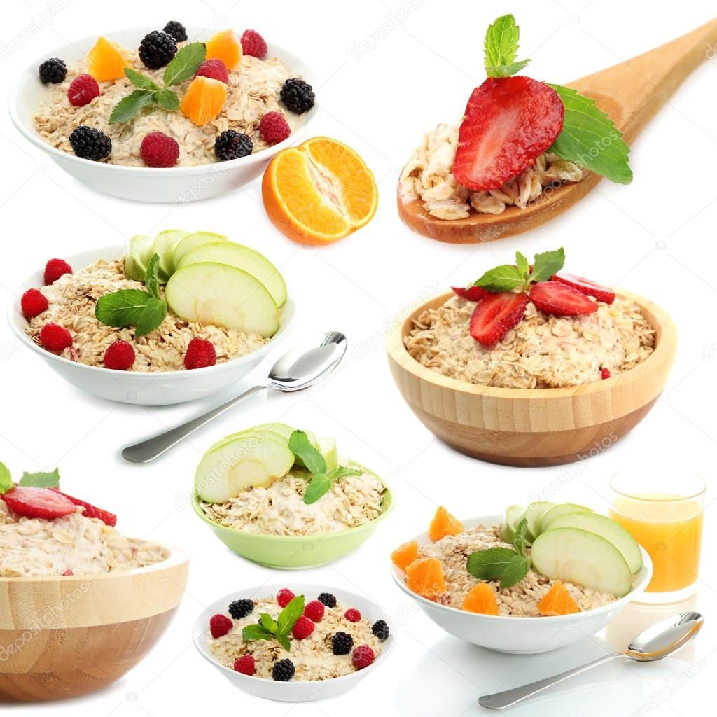 Collage of tasty oatmeal with fruits and berries, isolated on white