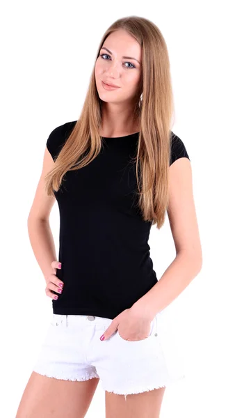 Krásná mladá dívka v šortkách a tričku izolovaných na bílém — Stock fotografie
