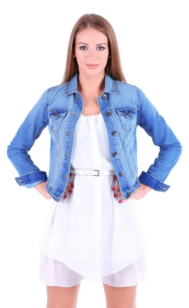Menina bonita na saia, jaqueta e t-shirt isolada no branco — Fotografia de Stock