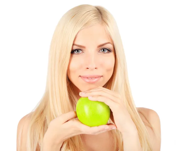 Junge schöne Frau mit Apfel isoliert auf weiß — Stockfoto
