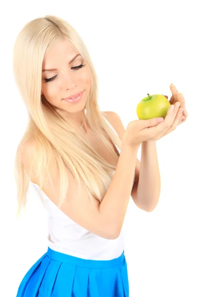 Beyaz izole apple ile genç güzel kadın — Stok fotoğraf
