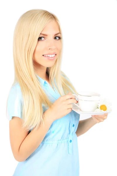 Jeune belle femme avec tasse de thé isolé sur blanc — Photo